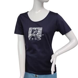 Tomboy Tee Top Size Small Dark Blue Short Sleeve Print Graphics and Embroidered